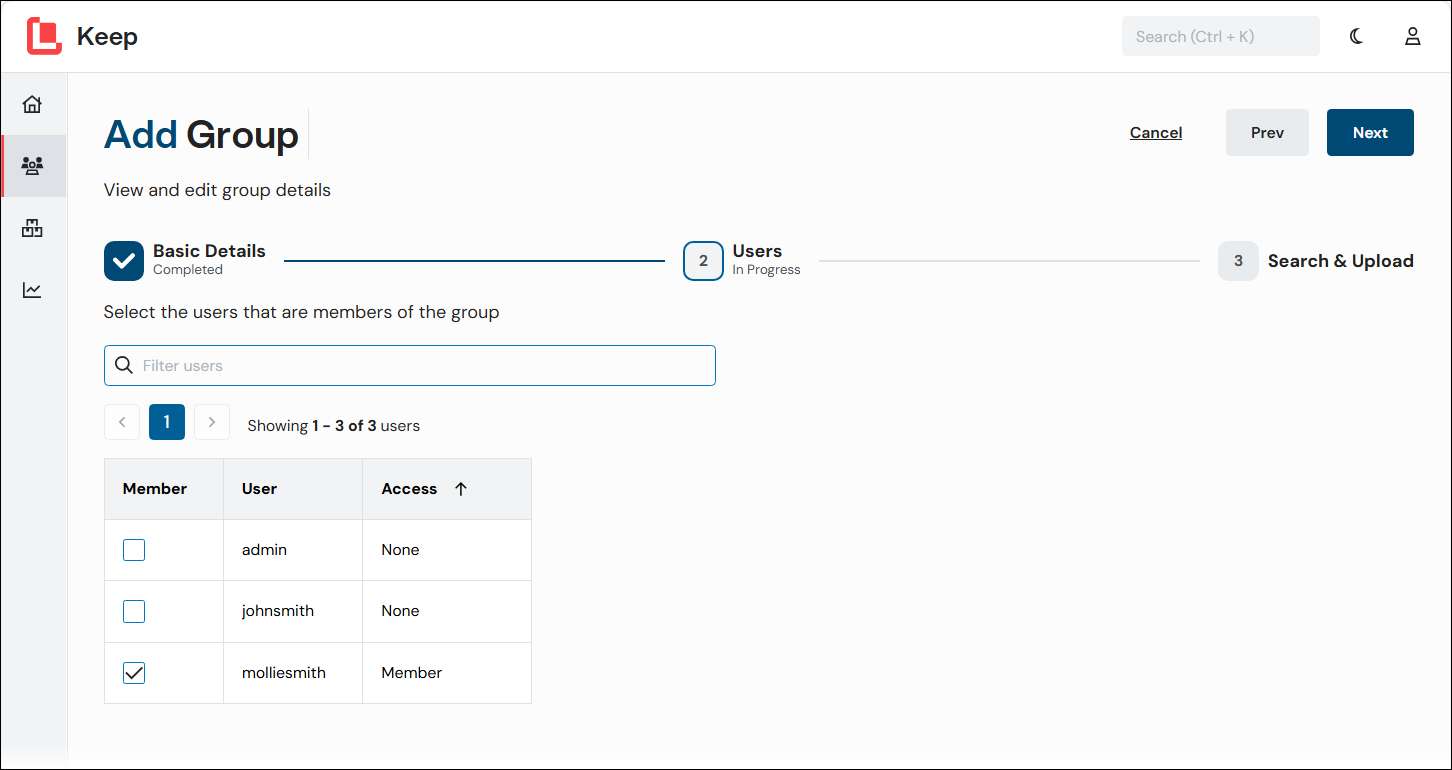 The Users stage of the Add Group process in Keep.